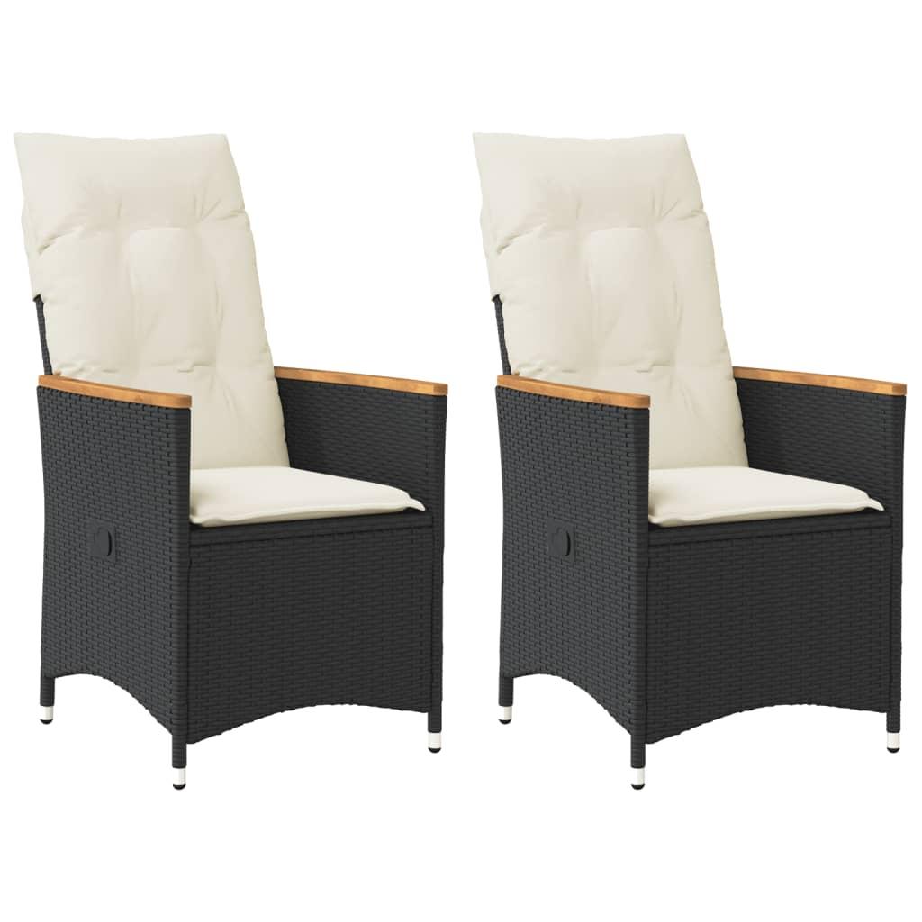 Havestole med hynder 2 stk. justerbart ryglæn polyrattan sort