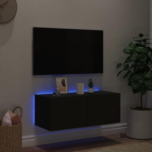 Væghængt tv-bord med LED-lys 80x35x31 cm sort