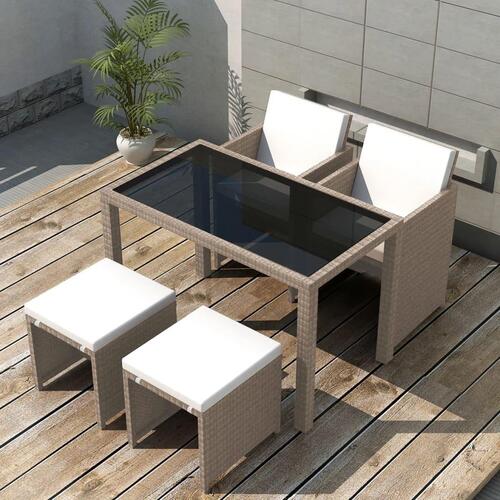 Udendørs spisebordssæt 5 dele med hynder polyrattan beige