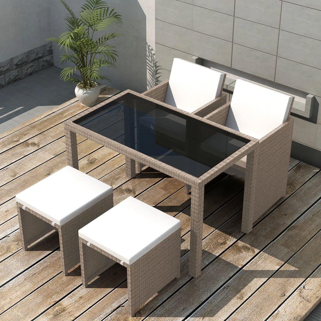 Udendørs spisebordssæt 5 dele med hynder polyrattan beige