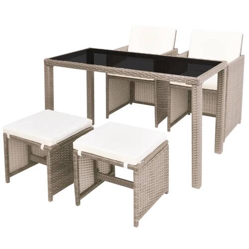 Udendørs spisebordssæt 5 dele med hynder polyrattan beige
