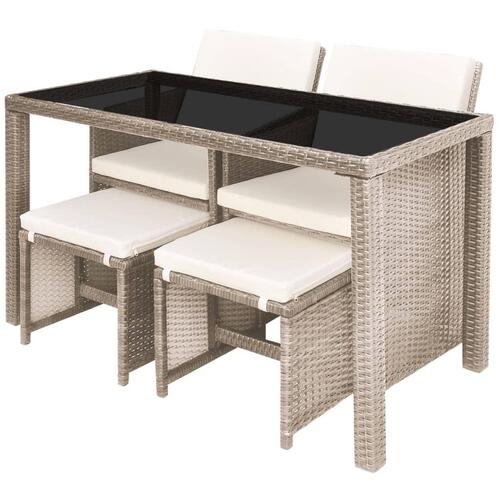Udendørs spisebordssæt 5 dele med hynder polyrattan beige