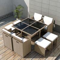Udendørs spisebordssæt 9 dele med hynder polyrattan beige
