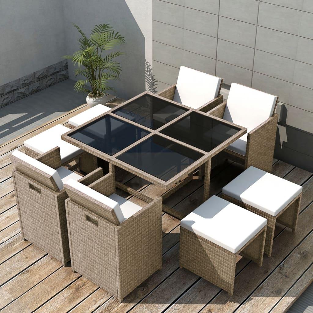 Udendørs spisebordssæt 9 dele med hynder polyrattan beige