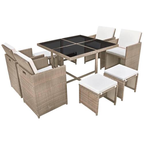 Udendørs spisebordssæt 9 dele med hynder polyrattan beige