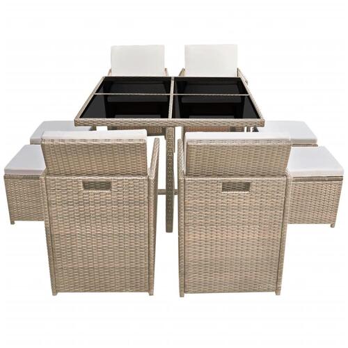 Udendørs spisebordssæt 9 dele med hynder polyrattan beige