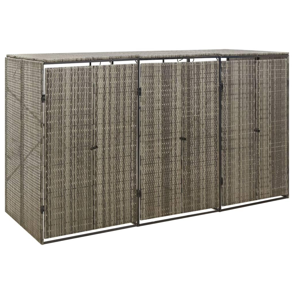 Tredobbelt skraldespandsskjuler 207x80x117 cm polyrattan grå