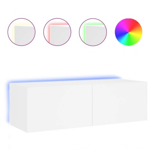 Væghængt tv-bord med LED-lys 100 x 35 x 31 cm - hvid