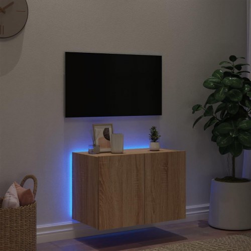 Væghængt tv-bord med LED-lys 60x35x41 cm sonoma-eg