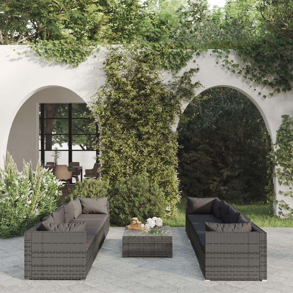 Loungesæt til haven 9 dele med hynder polyrattan grå