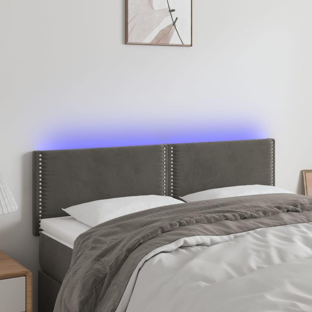 Sengegavl med LED-lys 144x5x78/88 cm fløjl mørkegrå billede