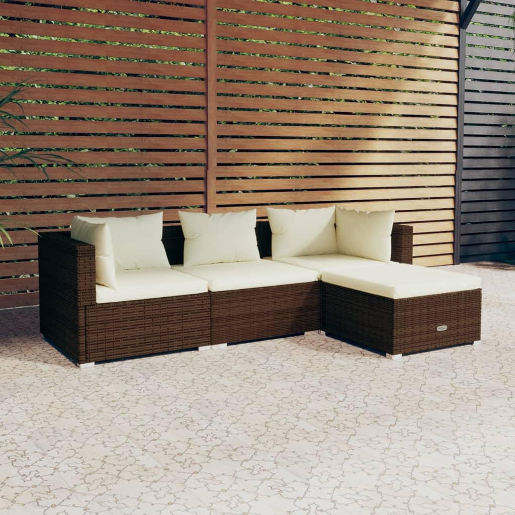 Loungesæt til haven 4 dele med hynder polyrattan brun