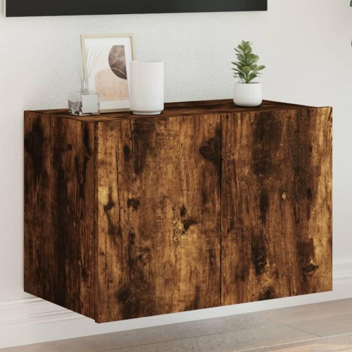 Væghængt tv-bord med LED-lys 60 x 35 x 41 cm - røget egetræsfarve