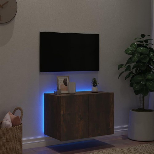 Væghængt tv-bord med LED-lys 60 x 35 x 41 cm - røget egetræsfarve