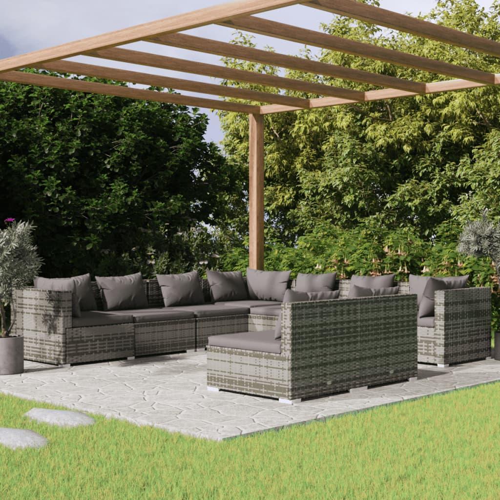 Loungesæt til haven 9 dele med hynder polyrattan grå billede