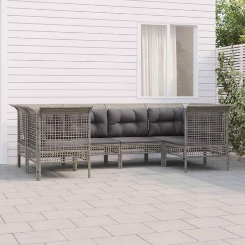 Loungesæt til haven 6 dele med hynder polyrattan grå