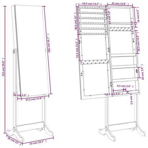 Fritstående spejlskab med LED-lys 42x38x152 cm sort