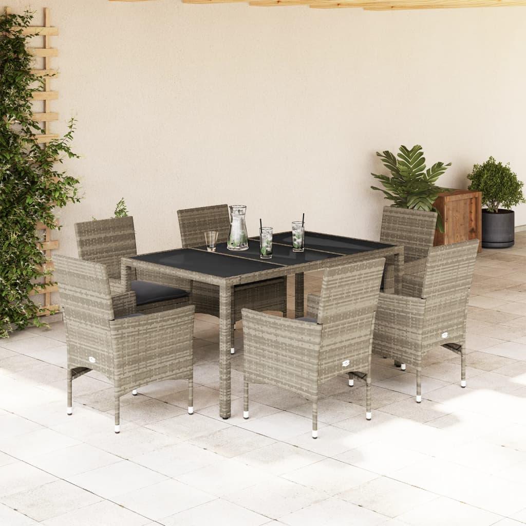 Spisebordssæt til haven 7 dele m. hynder polyrattan og glas grå billede