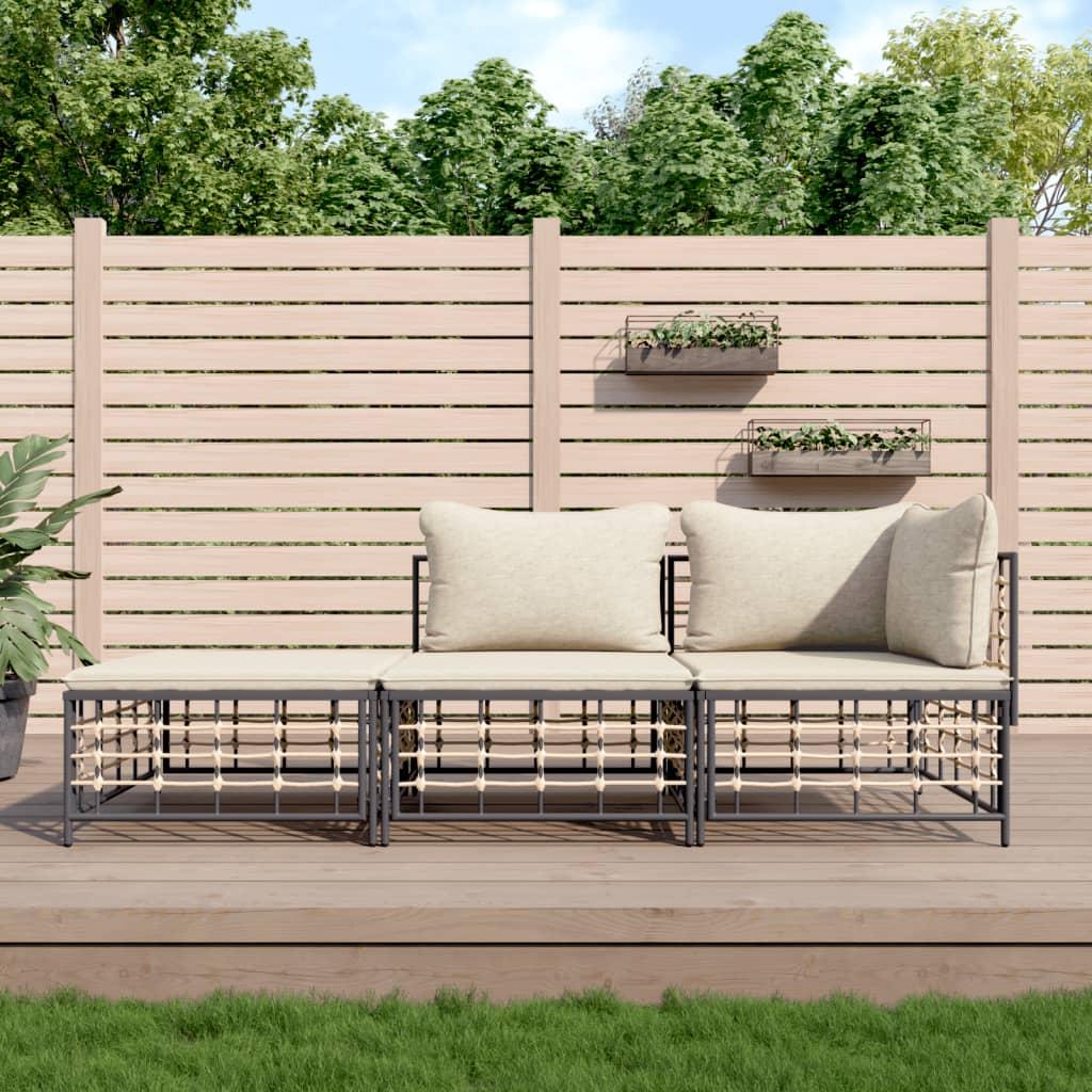 Loungesæt til haven 3 dele med hynder polyrattan antracitgrå