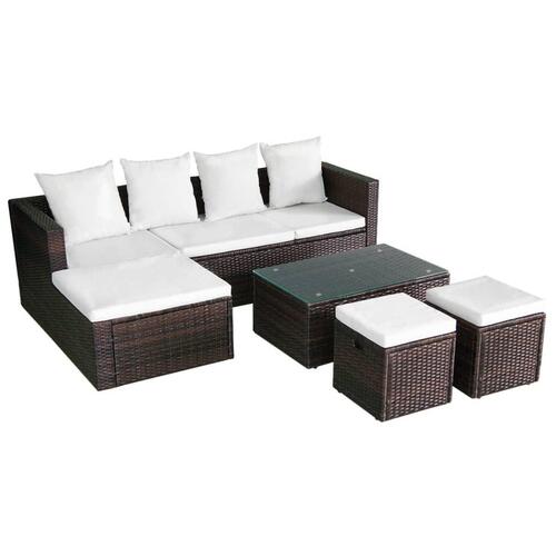 Haveloungesæt 4 dele med hynder polyrattan brun