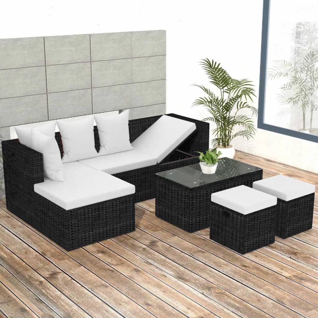 Haveloungesæt 4 dele med hynder polyrattan sort