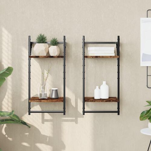 Væghylder 2 stk. med stænger og 2 hylder 30x25x65 cm røget eg
