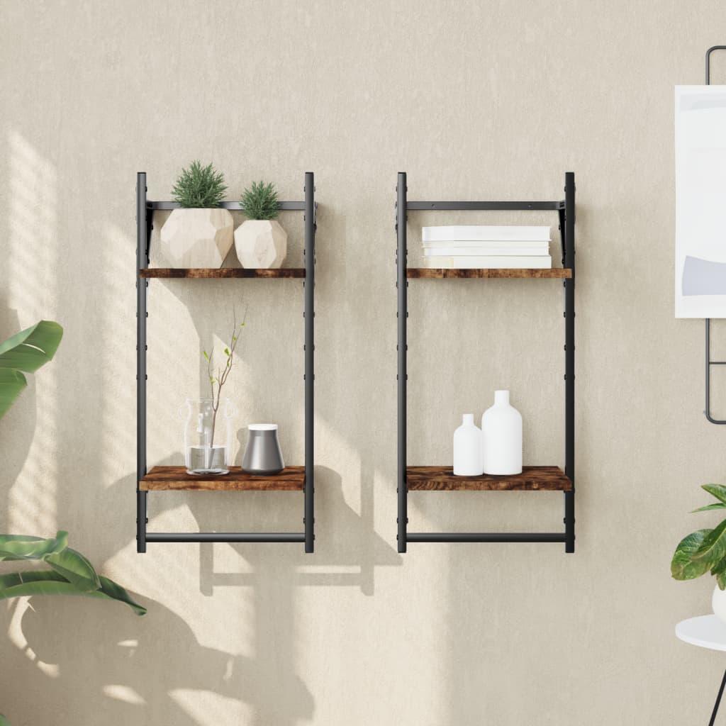 Væghylder 2 stk. med stænger og 2 hylder 30x25x65 cm røget eg