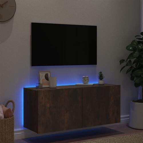 Væghængt tv-bord med LED-lys 100x35x41 cm røget egetræsfarve