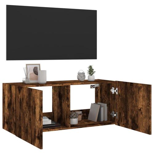 Væghængt tv-bord med LED-lys 100x35x41 cm røget egetræsfarve