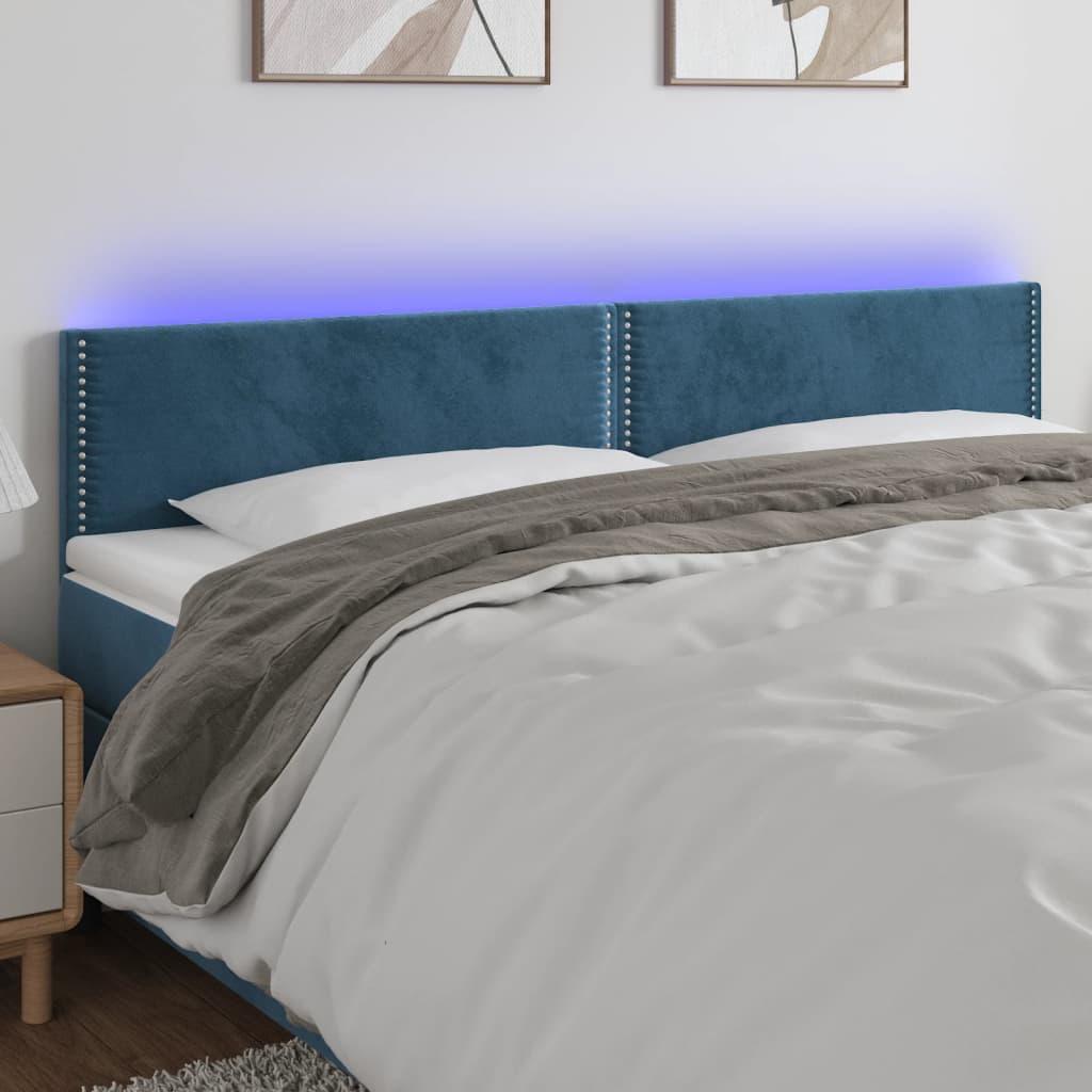 Sengegavl med LED-lys 200x5x78/88 cm fløjl mørkeblå billede