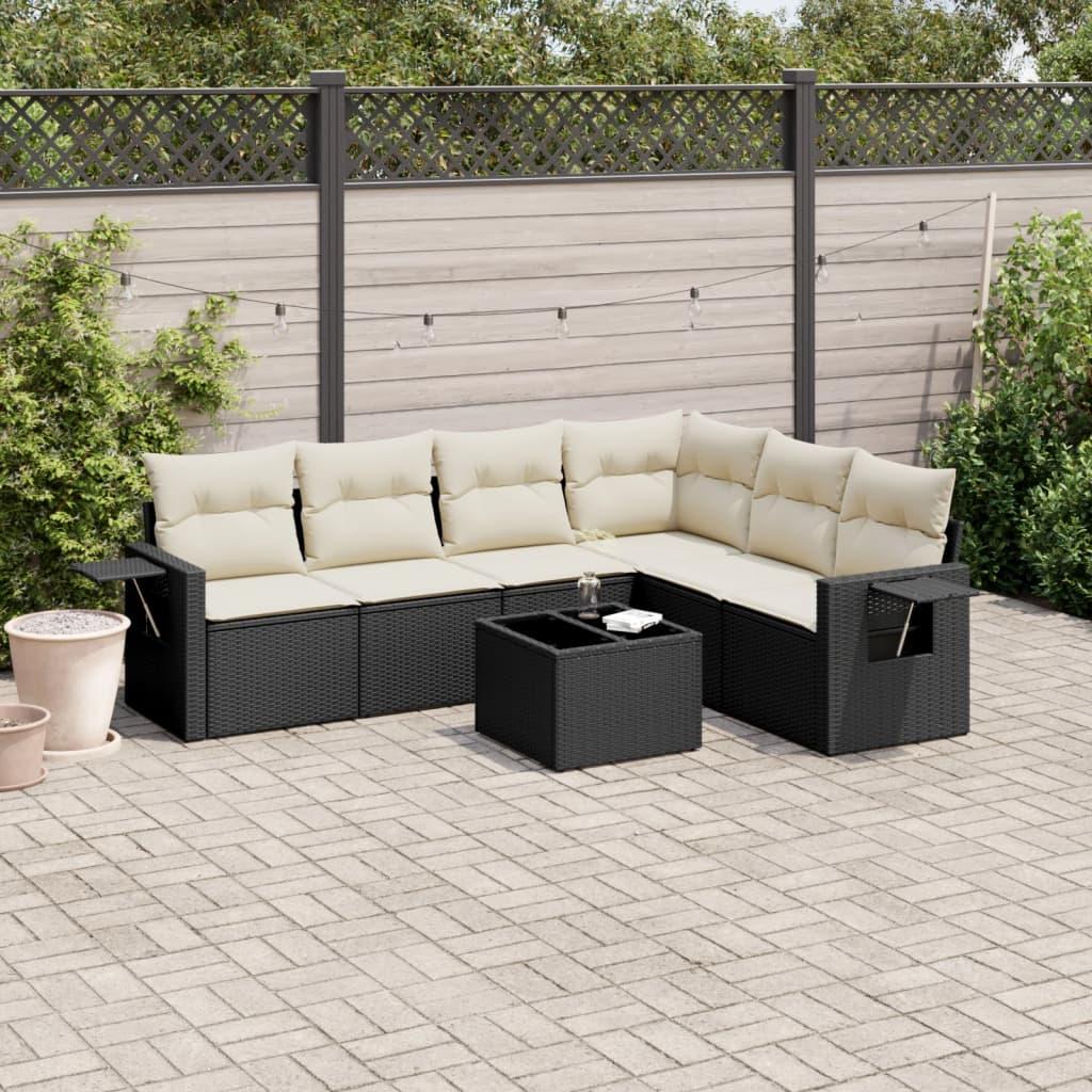 Sofasæt til haven i polyrattan - 7 dele med hynder, sort