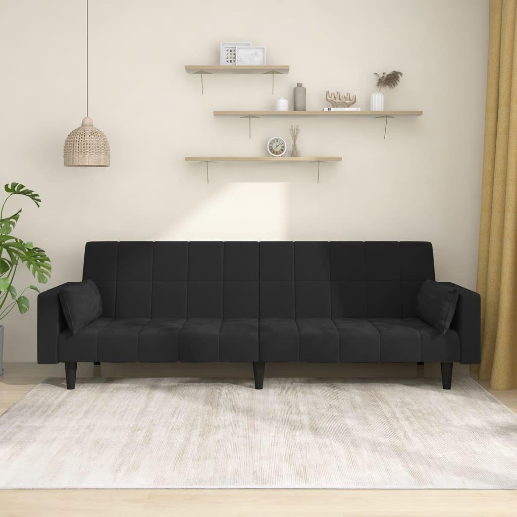 2-personers sovesofa med 2 puder fløjl sort
