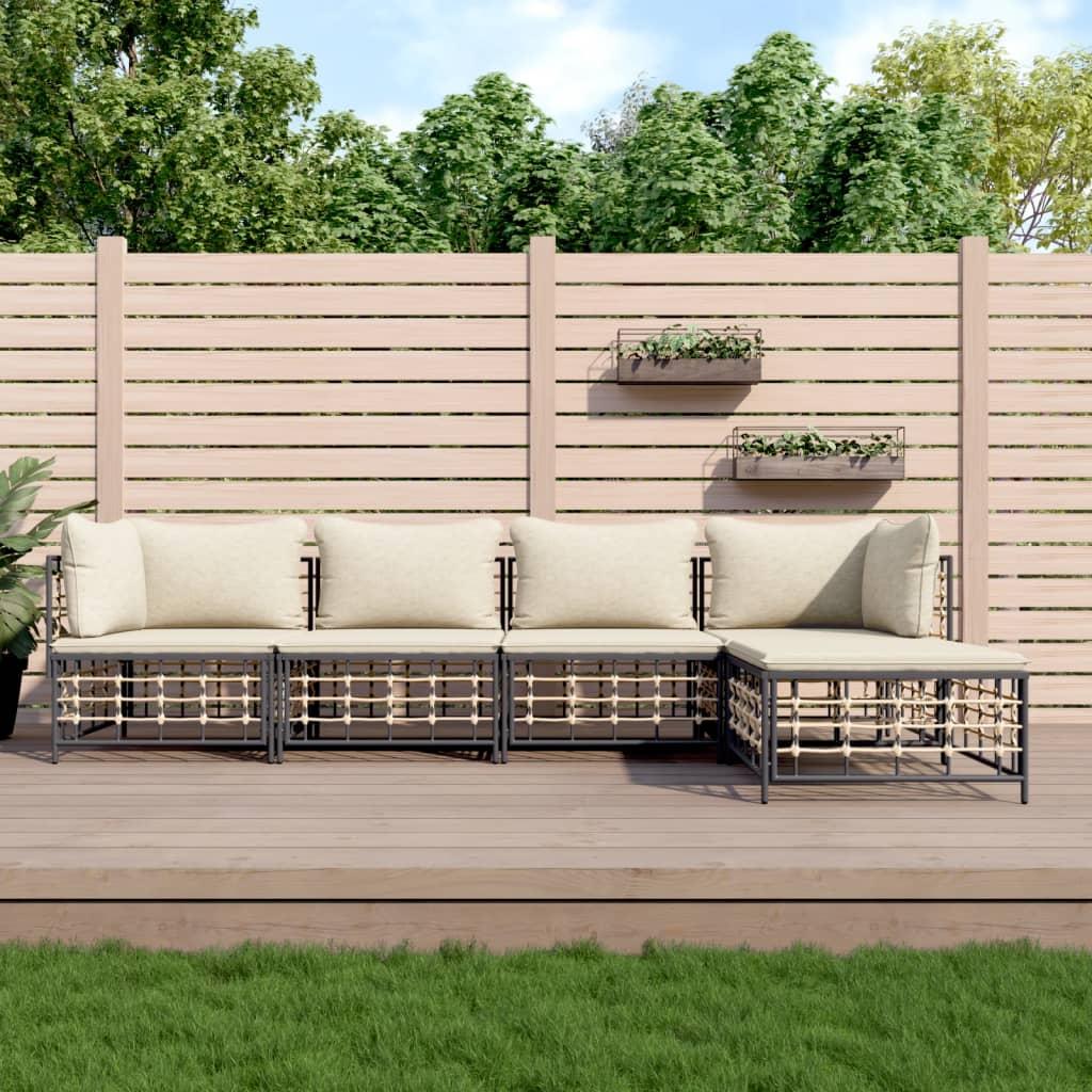 Loungesæt til haven 5 dele med hynder polyrattan antracitgrå