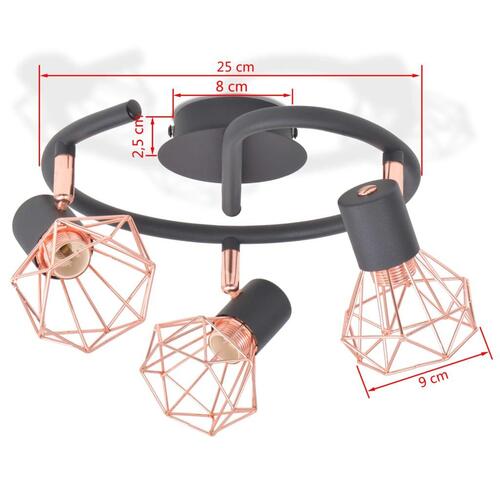 Loftslampe med 3 spotlys E14 sort og kobberfarvet