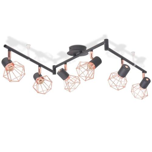 Loftslampe med 6 spotlys E14 sort og kobberfarvet