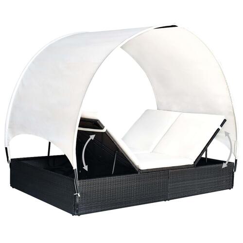 Dobbelt solseng med baldakin polyrattan sort