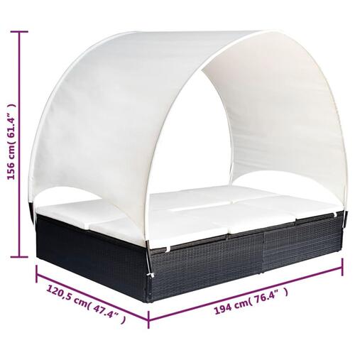 Dobbelt solseng med baldakin polyrattan sort