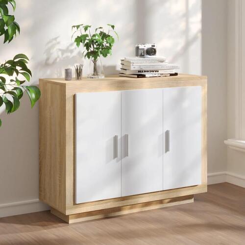 Skænk 92x35x75 cm konstrueret træ hvid og sonoma-eg