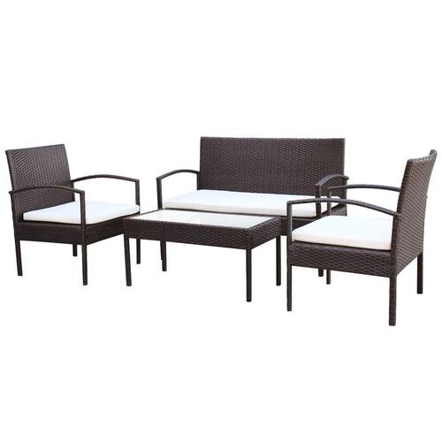 Haveloungesæt 4 dele med hynder polyrattan brun