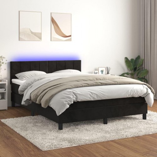 Kontinentalseng med madras og LED-lys 140×190 cm - fløjl, sort