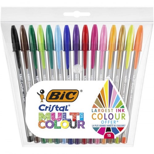 Bic Cristal kuglepenne - Multicolour sæt, 15 stk., 0,42 mm