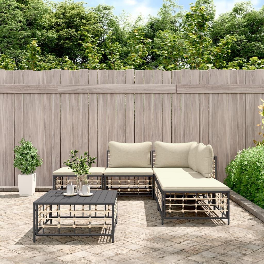 Loungesæt til haven 6 dele med hynder polyrattan antracitgrå