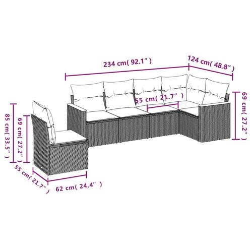 Sofasæt til haven 6 dele med hynder polyrattan sort