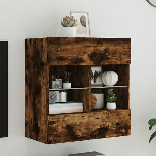 Væghængt tv-bord med LED-lys 58,5x30x60,5 cm røget egetræsfarve