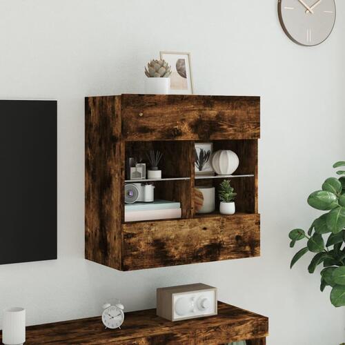Væghængt tv-bord med LED-lys 58,5x30x60,5 cm røget egetræsfarve