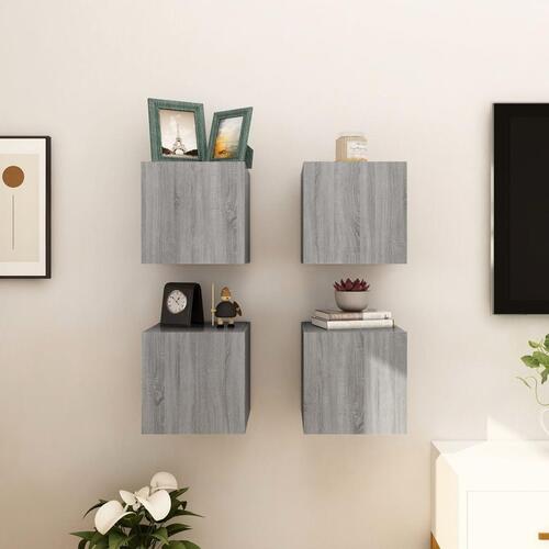 Væghængtee tv-skab 4 stk. 30,5x30x30 cm grå og sonoma-eg