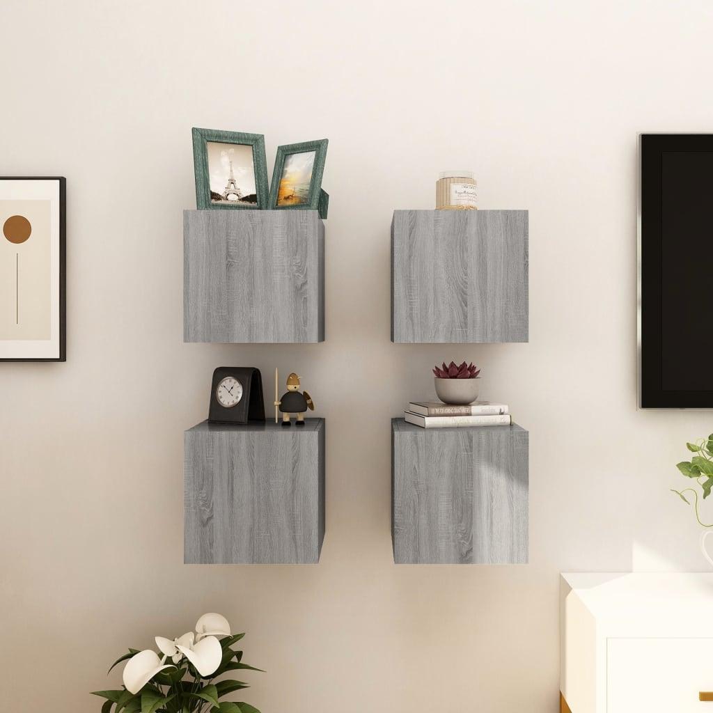Væghængtee tv-skab 4 stk. 30,5x30x30 cm grå og sonoma-eg