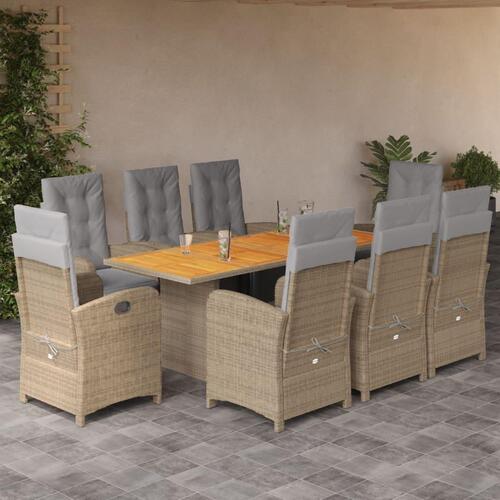 Spisebordssæt til haven 9 dele med hynder polyrattan beige