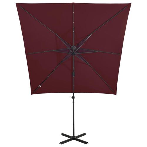 Hængeparasol med stang + LED-lys 250 cm bordeaux