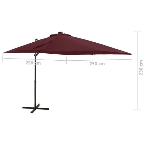 Hængeparasol med stang + LED-lys 250 cm bordeaux